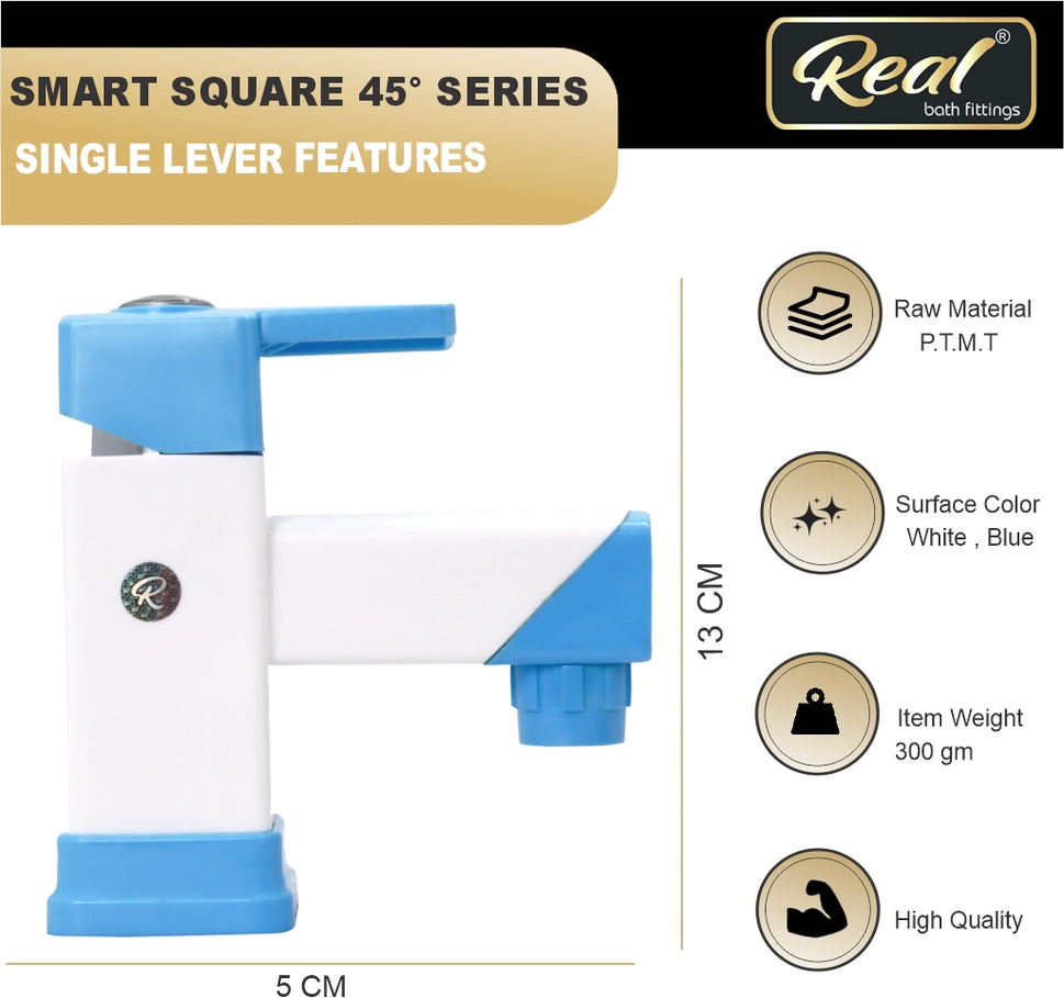 Real PTMT Single Lever Basin Mixer Tap with Flange Smart Square 45 Degree Angle