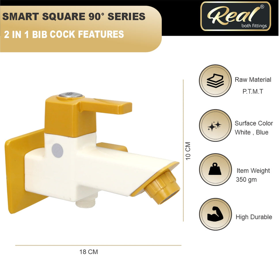 Real PTMT 2 IN 1 Bib Cok With Flange Tap with Flange Smart Square 90 Degree Angle