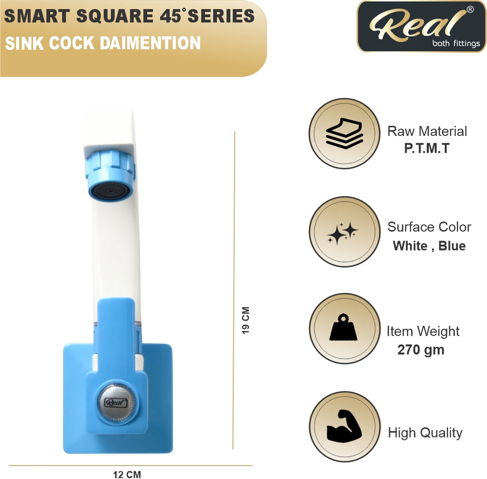Real PTMT Sink Cock Tap with Flange Smart Square 45 Degree Angle