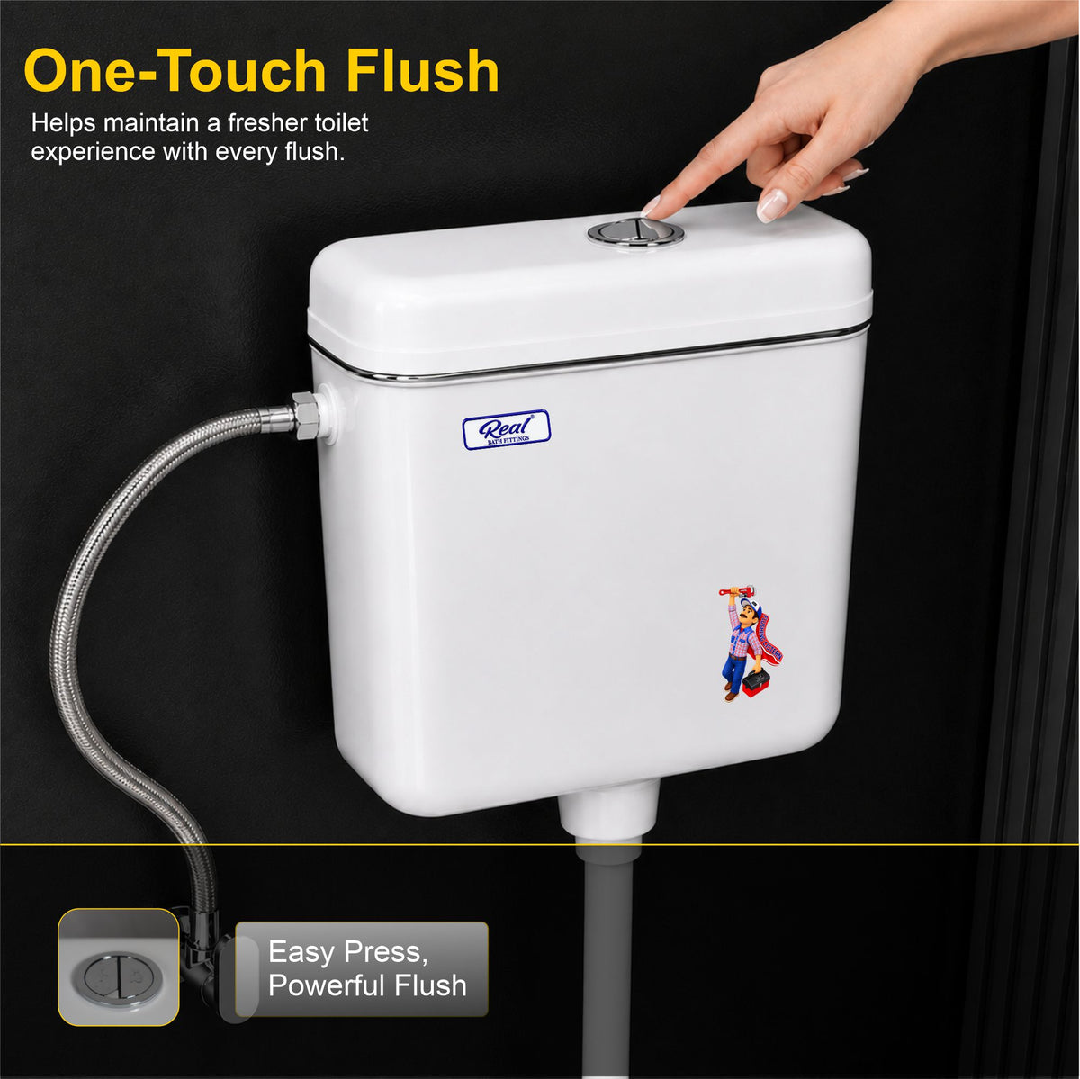 Realbath Compaq Center Push Cistern for Toilet with 10 Ltr Water Capacity/Flushing Cistern for Bathroom/Polypropylene Toilet Flush Tank