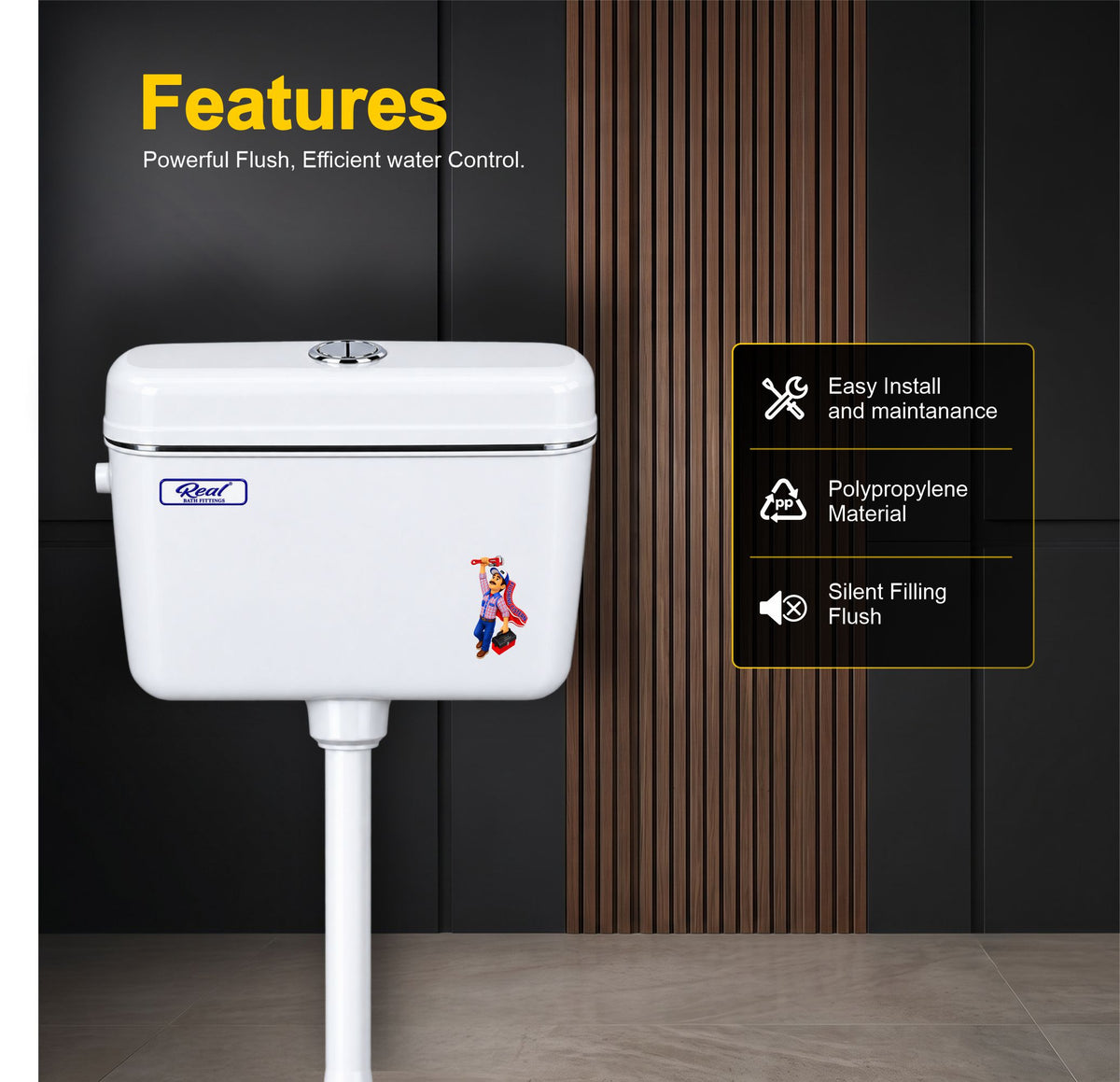 Realbath Compaq Center Push Cistern for Toilet with 10 Ltr Water Capacity/Flushing Cistern for Bathroom/Polypropylene Toilet Flush Tank
