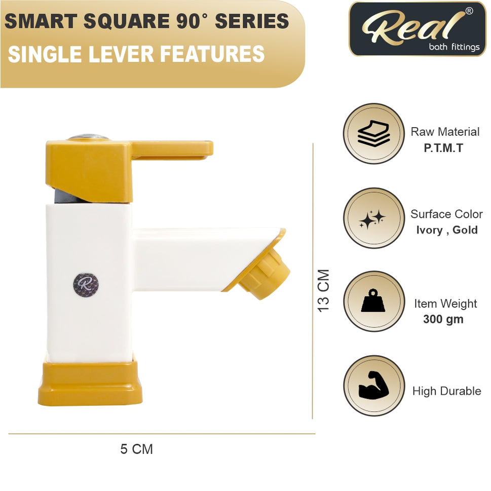 Real PTMT Single Lever Basin Mixer Tap with Flange Smart Square 90 Degree Angle