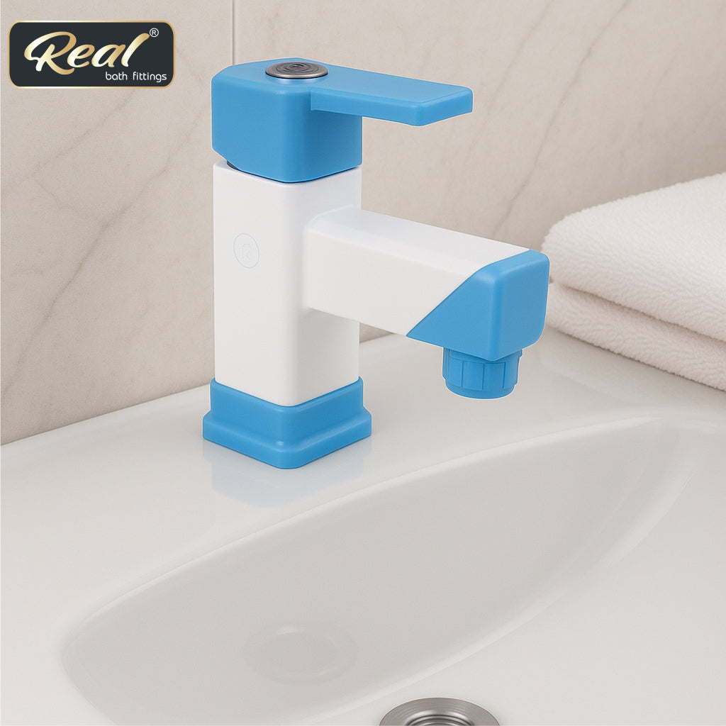 Real PTMT Single Lever Basin Mixer Tap with Flange Smart Square 45 Degree Angle