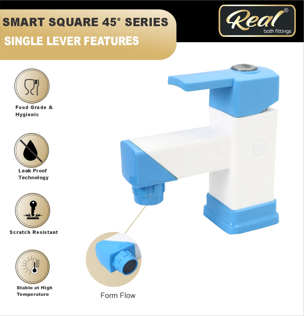 Real PTMT Single Lever Basin Mixer Tap with Flange Smart Square 45 Degree Angle