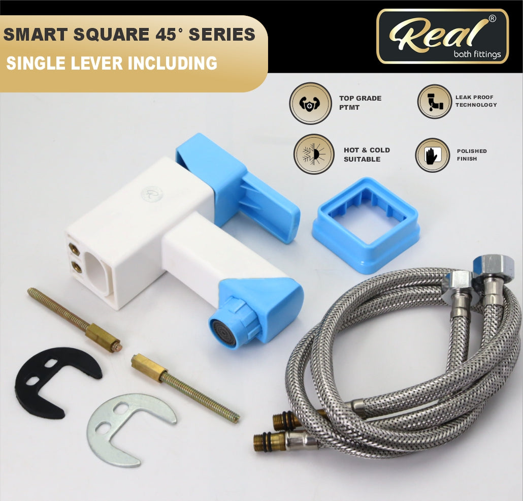 Real PTMT Single Lever Basin Mixer Tap with Flange Smart Square 45 Degree Angle